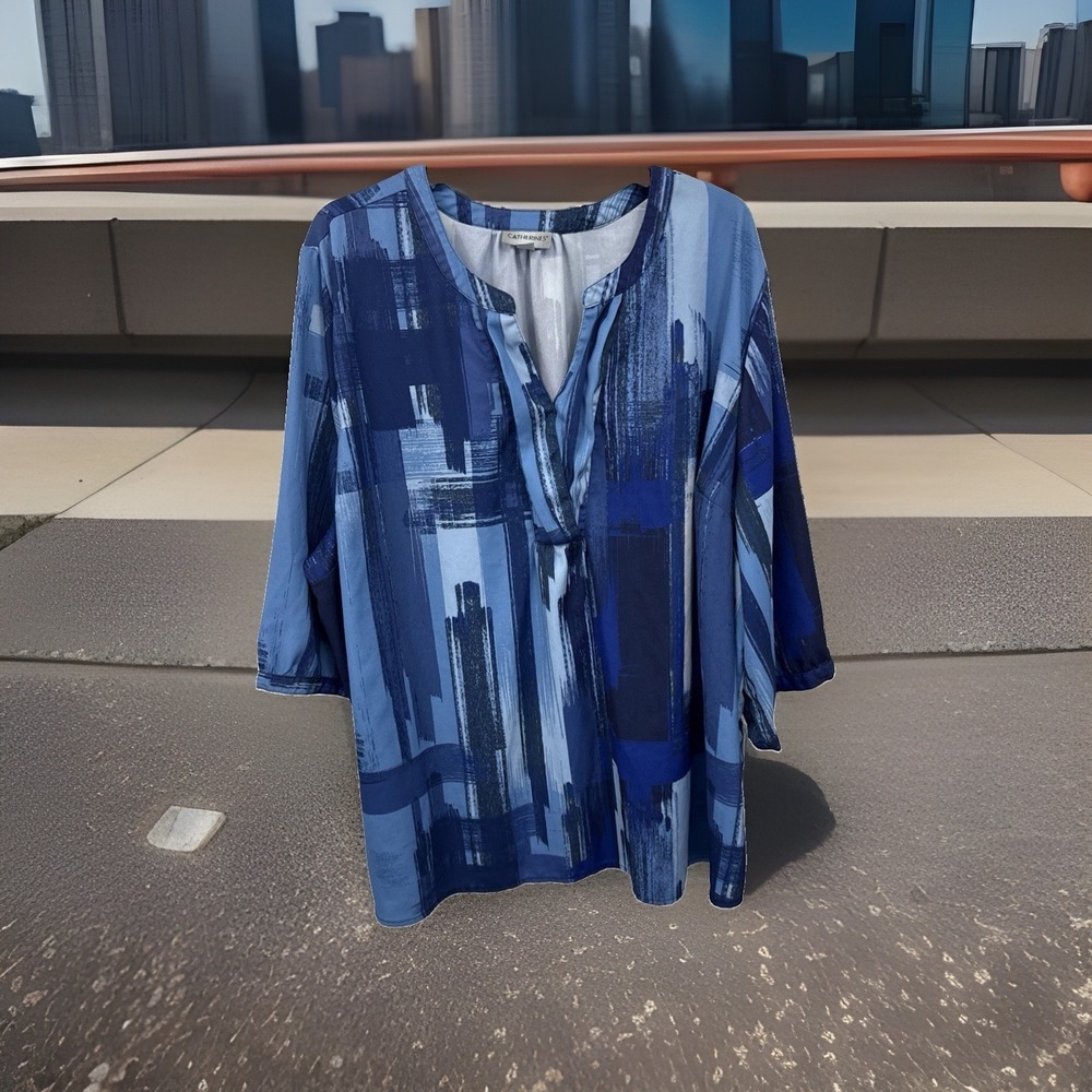 Catherines Muse Pintuck Tunic Size 3XP Pullover Blue Abstract Brushstroke V Neck